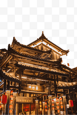 灯笼古建筑图片_复古特色小镇古建筑夜景