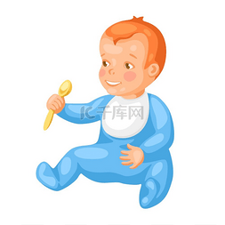 可爱的小宝宝用勺子的插图。