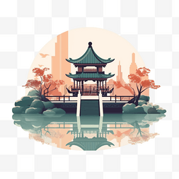 插画亭台图片_手绘中式建筑亭台楼阁