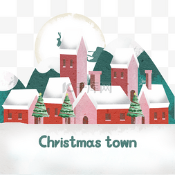 红色雪花城市图片_水彩风格圣诞小镇小房子