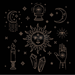 太阳和月亮图标图片_天上的魔法描绘了太阳，月亮，水