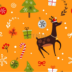 鹿与树矢量素材图片_无缝图案与驯鹿、圣诞装饰糖果、