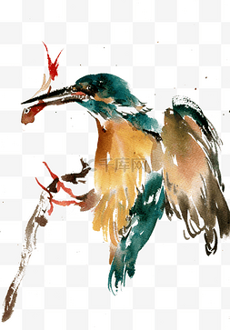 树枝彩色水墨画图片_捕鱼的翠鸟