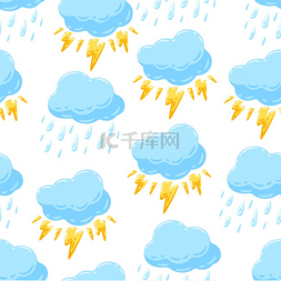 天空闪电卡通图片_与蓝云、雨和闪电的无缝模式。