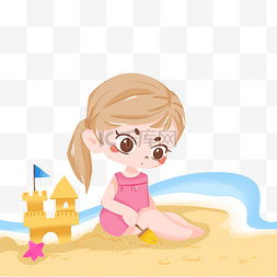 夏日海边沙滩玩耍图片_夏日堆沙滩城堡的女孩场景