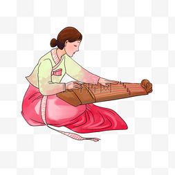 红裙韩国女人弹奏伽琴