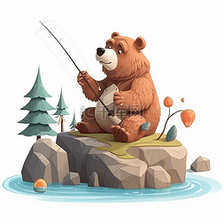 拿着鱼竿钓鱼的小熊