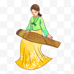 韩国黄裙女子弹奏伽琴