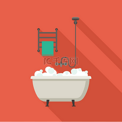 清洁卫生图标图片_浴缸平面插图.. 带淋浴和毛巾的浴