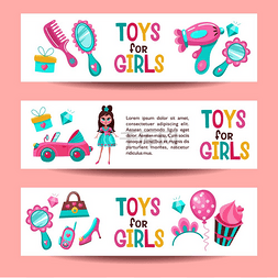 卡通梳子镜子图片_一组横幅女孩玩具粉红色和蓝色头