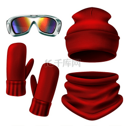 冬天的滑雪图片_红色滑雪服图标集连指手套和针织