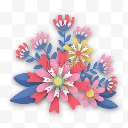 白色雏菊背景图片_花朵剪纸抽象红色花蓝色叶