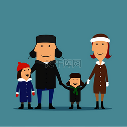 男孩散步图片_冬天快乐微笑的卡通家庭穿着花时