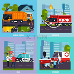 紧急服务图标集四方形应急服务图标集配有垃圾清运消防员警用救护车描述矢量插图