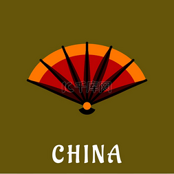 亮橙色背景图片_传统的中国开放式折扇，木板上有