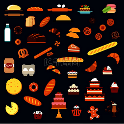 面包店和糕点平面图标，包括蛋糕