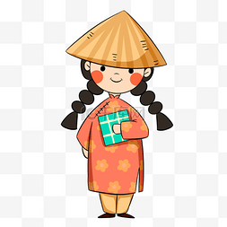 越南春节长发戴草帽女孩