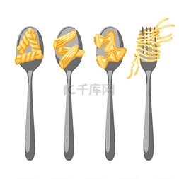 螺旋通心粉图片_勺子和叉子上意大利面食的插图。