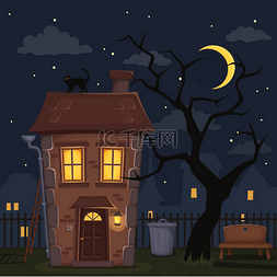 shine图片_Night city landscape with house and tree. Vec