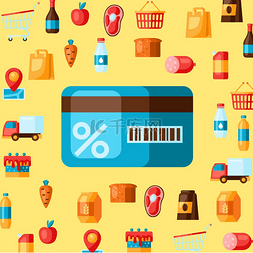 网络购物图标图片_超市购物折扣卡与产品。