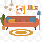 客厅房间起居室扁平风格圆形地毯沙发家具
