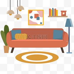 扁平科技插画图片_客厅房间起居室扁平风格圆形地毯