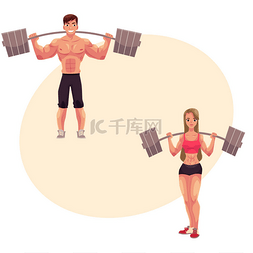 手绘举重运动图片_男人和女人的健美、 举重锻炼、 