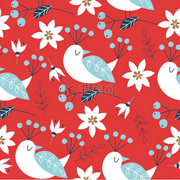 桌子上的花图片_春季无缝图案搭配鸟类红色背景上