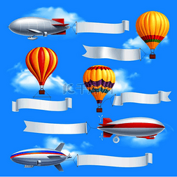 高飞的氢气球图片_彩色广告横幅组成飞船和气球附有