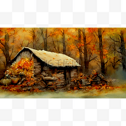 秋季的木屋水墨