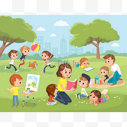 水彩画图片_父母带着孩子在公园里妈妈在给孩