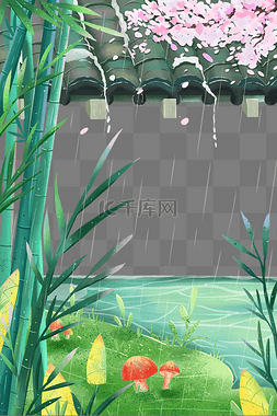 下雨绿色图片_惊蛰绿色春天下雨屋檐