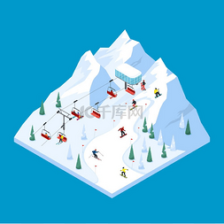 滑雪雪山图片_索道等距景观滑雪缆车等距瓷砖景