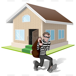 财产保险图片_强盗在掩码进行袋。小偷抢房子。