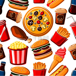 卡通汉堡披萨图片_五颜六色的快餐午餐无缝图案，随
