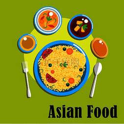印度美食，包括传统米饭、蔬菜和