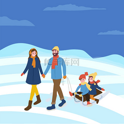 母亲和父亲，孩子们坐在雪橇上，