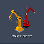 智能工业生产矢量图在带液压机构的灰色背景机器、带自动工作手的机器人上隔离。