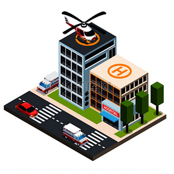 医院大楼插图图片_医院大楼屋顶上直升机的紧急等距