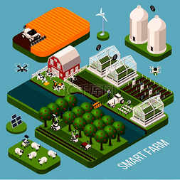 房子农场图片_智能农场等轴测集带有农业符号等