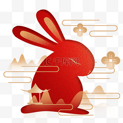 红色新中式剪纸图片_中秋中秋节红金兔子主题元素兔年