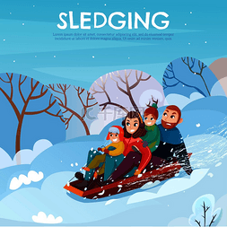冬季娱乐海报与雪橇和家庭符号平