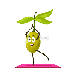 在做瑜伽图标图片_带叶子的绿色橄榄浆果在瑜伽垫上