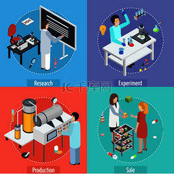 罗氏制药图片_制药生产概念4个等距图标与科学