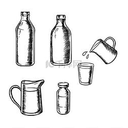 玻璃瓶中的牛奶图片_瓶装、水壶和玻璃瓶中的新鲜农场