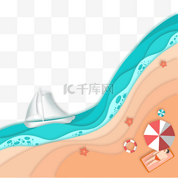 帆船蓝色背景图片_海洋剪纸风格海滩