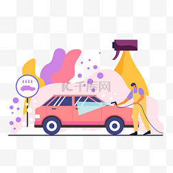 道路清洁图片_洗车工人清洗车辆扁平风格