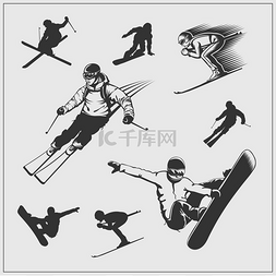 滑雪剪影图片_滑雪集。滑雪和滑雪板爱好者的剪