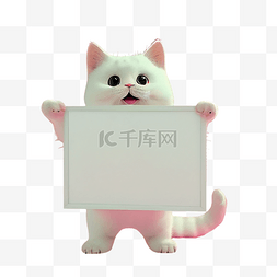 绘画手举牌图片_动物手举白板3D立体元素白猫