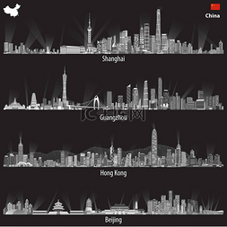 香港繁荣昌盛图片_上海、 香港、 广州和北京的天际